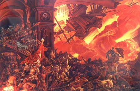 Гибель собора Мономаха с последними жителями Смоленска во время польско-литовского нашествия в 1611 году, 1997г., 200х300, холст, масло