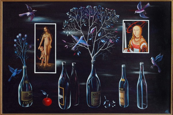 Натюрморт с бутылками.1994-2002.Х.,темпера.89х132.